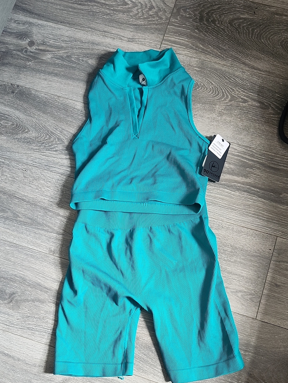 90 Degree By Reflex Teal Ribbed Active Crop Top & Bike Shorts